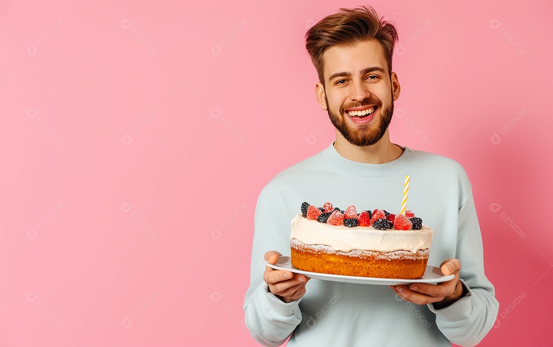 Homem com bolo mostrando sobremesa em fundo de cor sólida