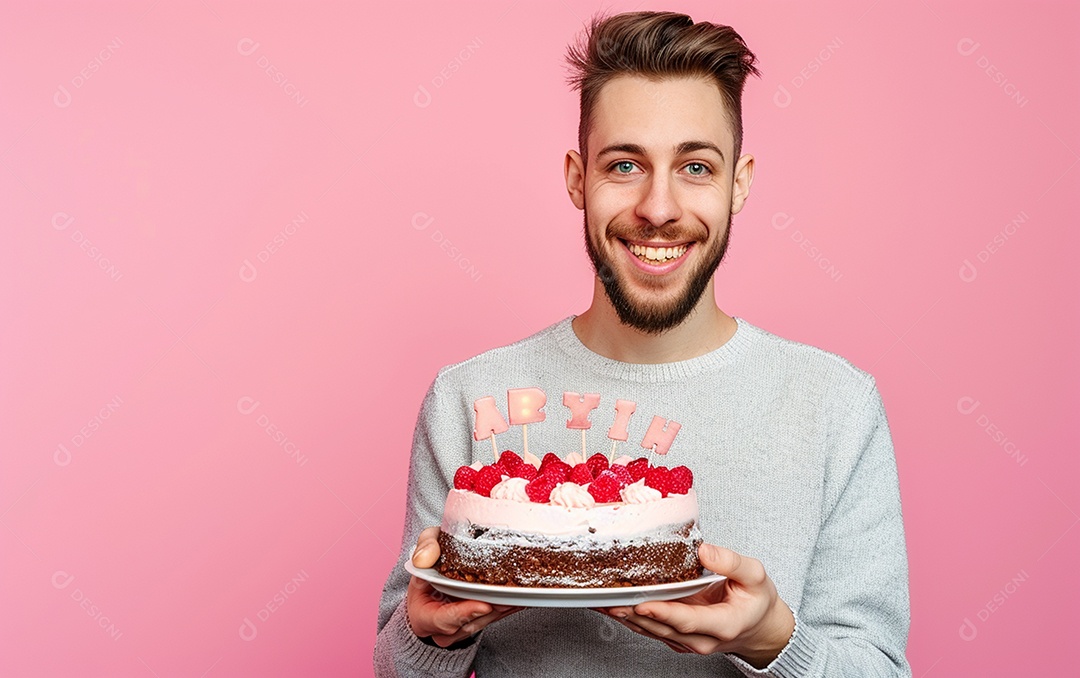 Homem com bolo mostrando sobremesa em fundo de cor sólida