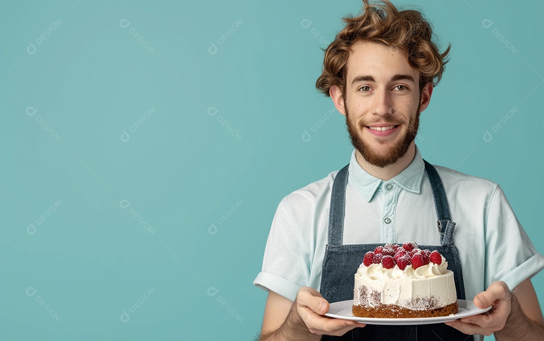 Homem com bolo mostrando sobremesa em fundo de cor sólida