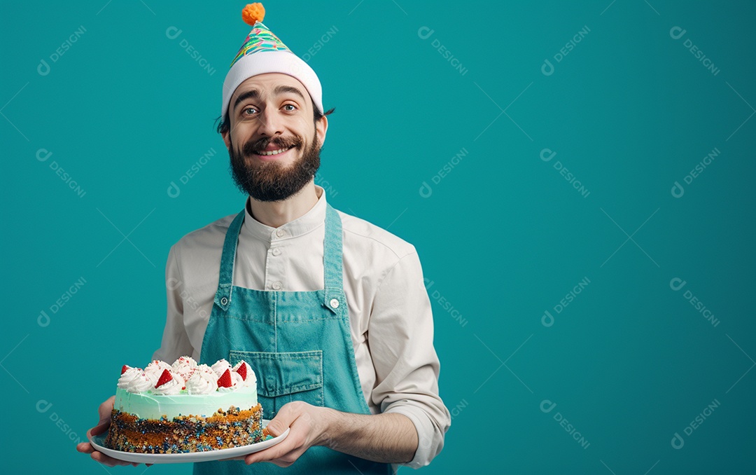 Homem com bolo mostrando sobremesa em fundo de cor sólida
