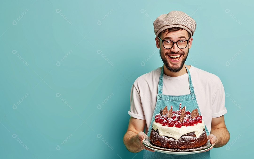 Homem com bolo mostrando sobremesa em fundo de cor sólida