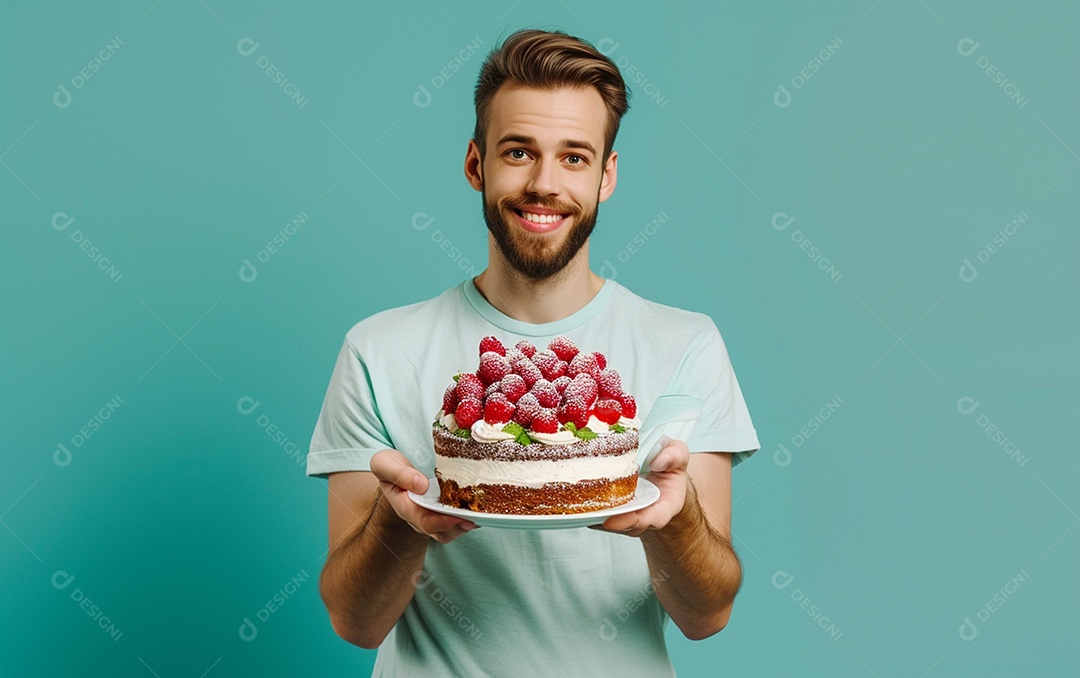 Homem com bolo mostrando sobremesa em fundo de cor sólida