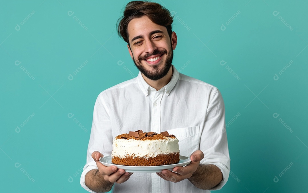 Homem com bolo mostrando sobremesa em fundo de cor sólida