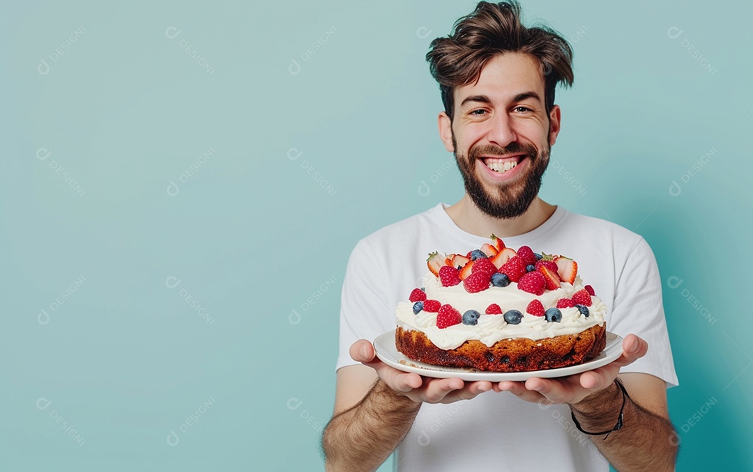 Homem com bolo mostrando sobremesa em fundo de cor sólida