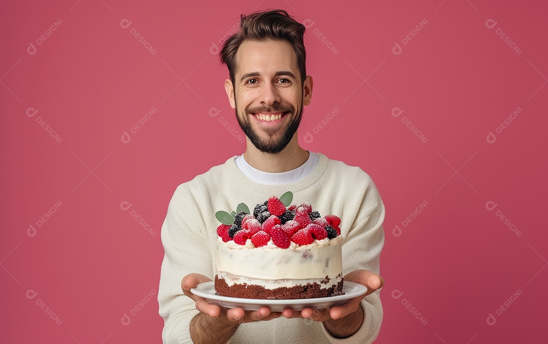 Homem com bolo mostrando sobremesa em fundo de cor sólida