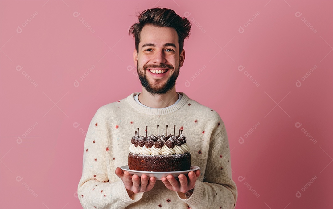 Homem com bolo mostrando sobremesa em fundo de cor sólida