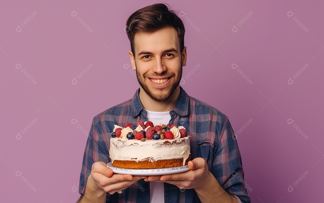 Homem com bolo mostrando sobremesa em fundo de cor sólida