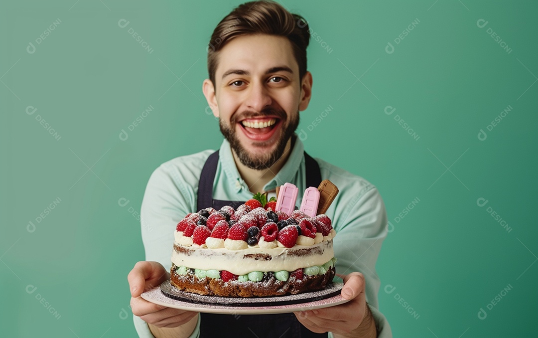 Homem com bolo mostrando sobremesa em fundo de cor sólida