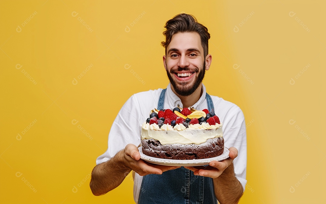 Homem com bolo mostrando sobremesa em fundo de cor sólida