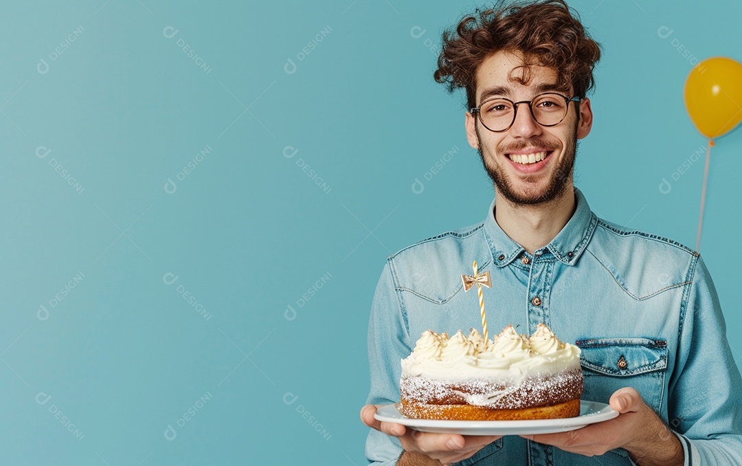 Homem com bolo mostrando sobremesa em fundo de cor sólida