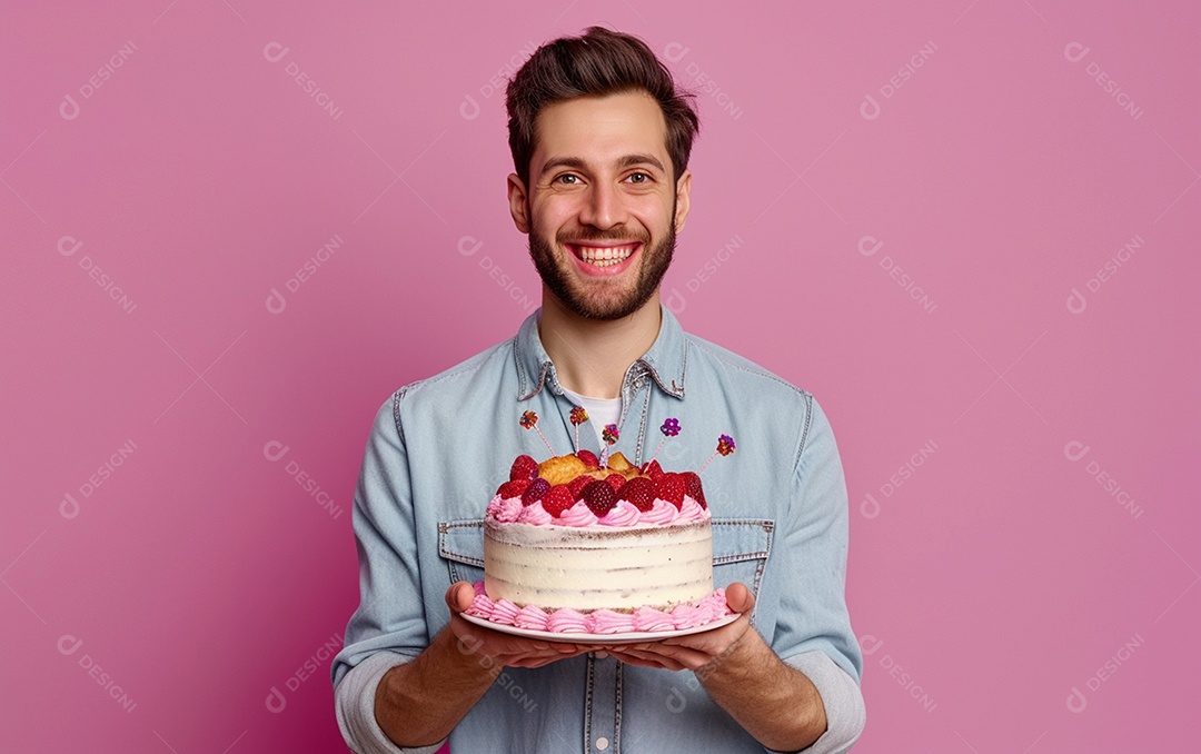 Homem com bolo mostrando sobremesa em fundo de cor sólida