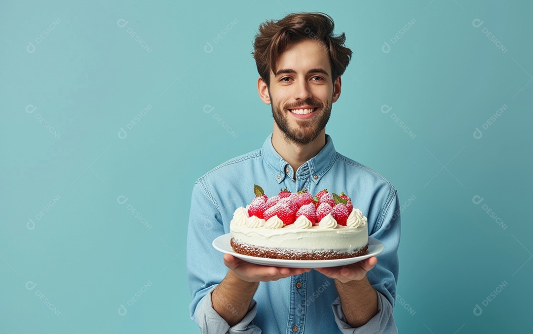 Homem com bolo mostrando sobremesa em fundo de cor sólida