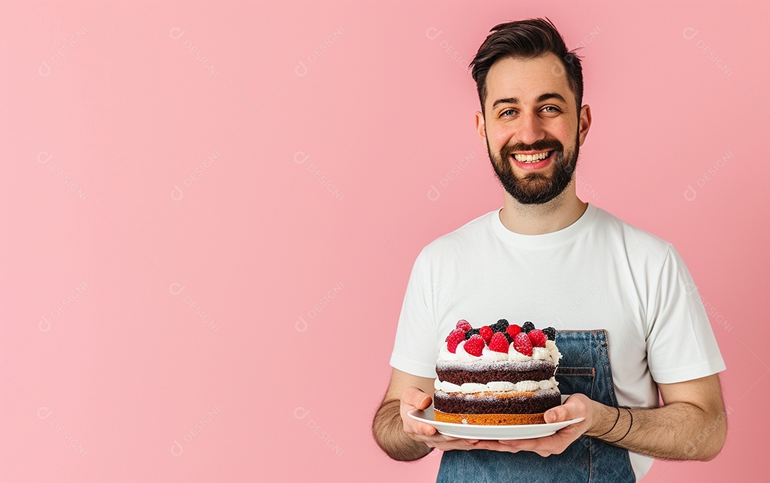 Homem com bolo mostrando sobremesa em fundo de cor sólida