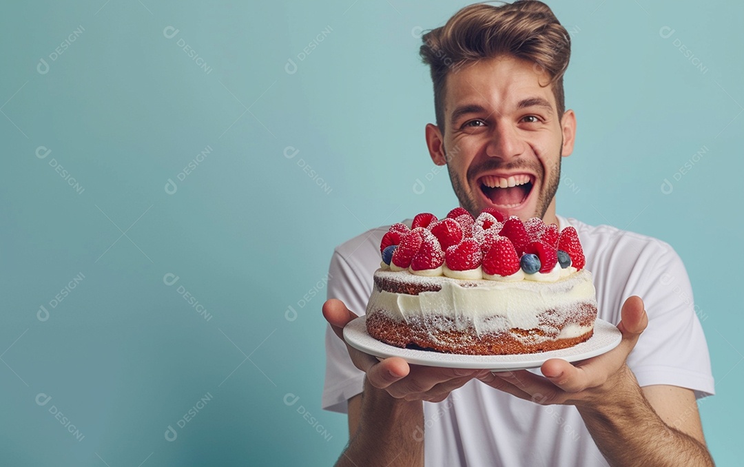 Homem com bolo mostrando sobremesa em fundo de cor sólida