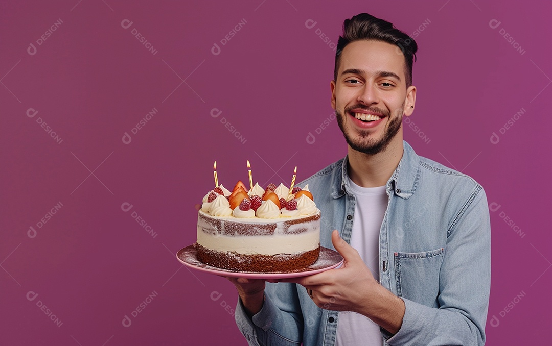 Homem com bolo mostrando sobremesa em fundo de cor sólida