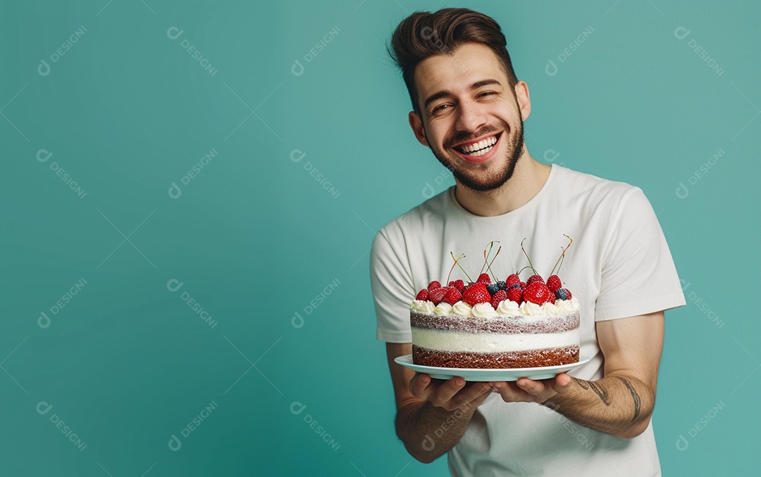 Homem com bolo mostrando sobremesa em fundo de cor sólida