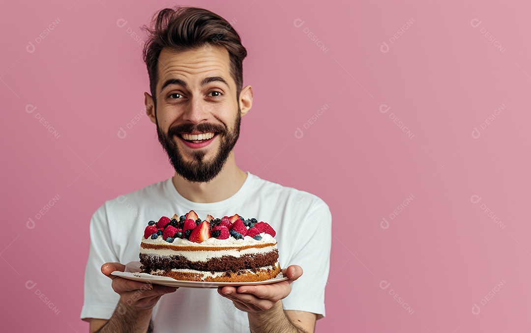 Homem com bolo mostrando sobremesa em fundo de cor sólida
