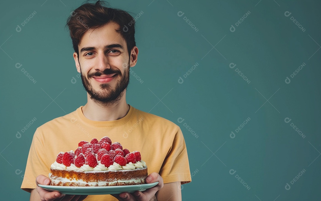 Homem com bolo mostrando sobremesa em fundo de cor sólida