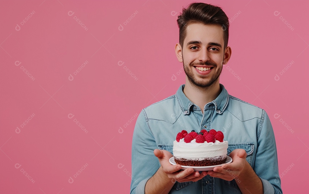 Homem com bolo mostrando sobremesa em fundo de cor sólida