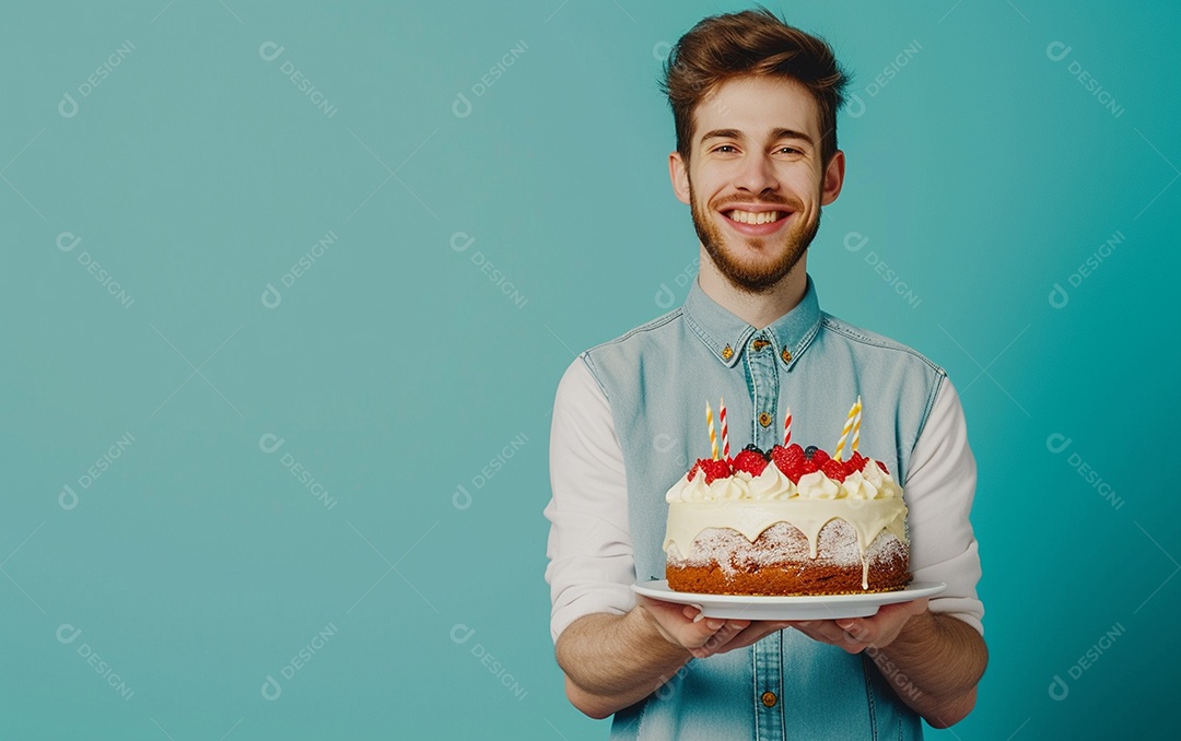 Homem com bolo mostrando sobremesa em fundo de cor sólida