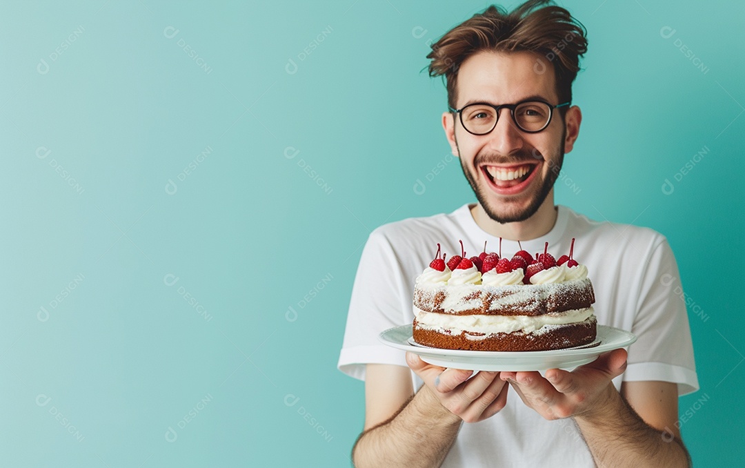 Homem com bolo mostrando sobremesa em fundo de cor sólida