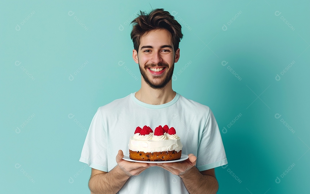 Homem com bolo mostrando sobremesa em fundo de cor sólida