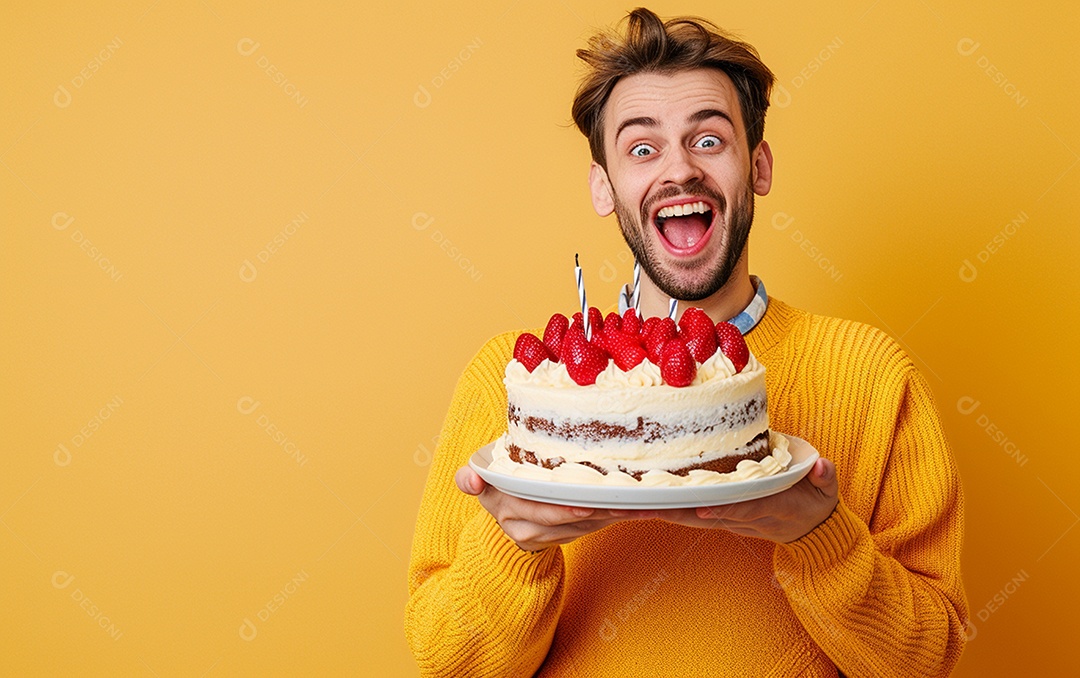 Homem com bolo mostrando sobremesa em fundo de cor sólida