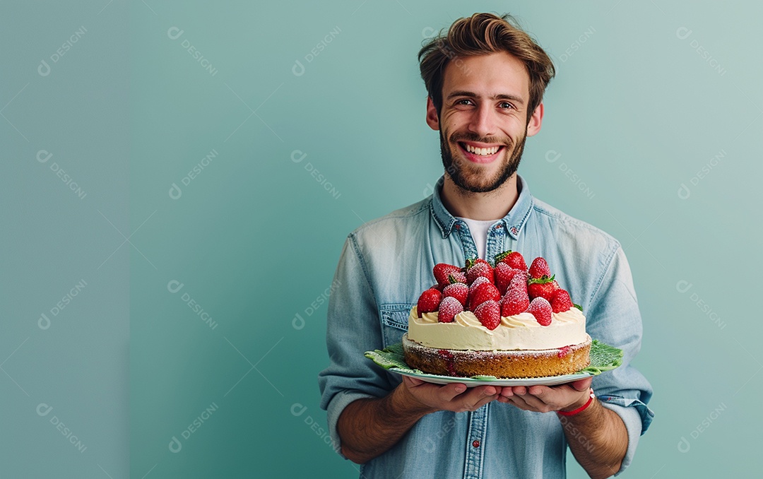 Homem com bolo mostrando sobremesa em fundo de cor sólida