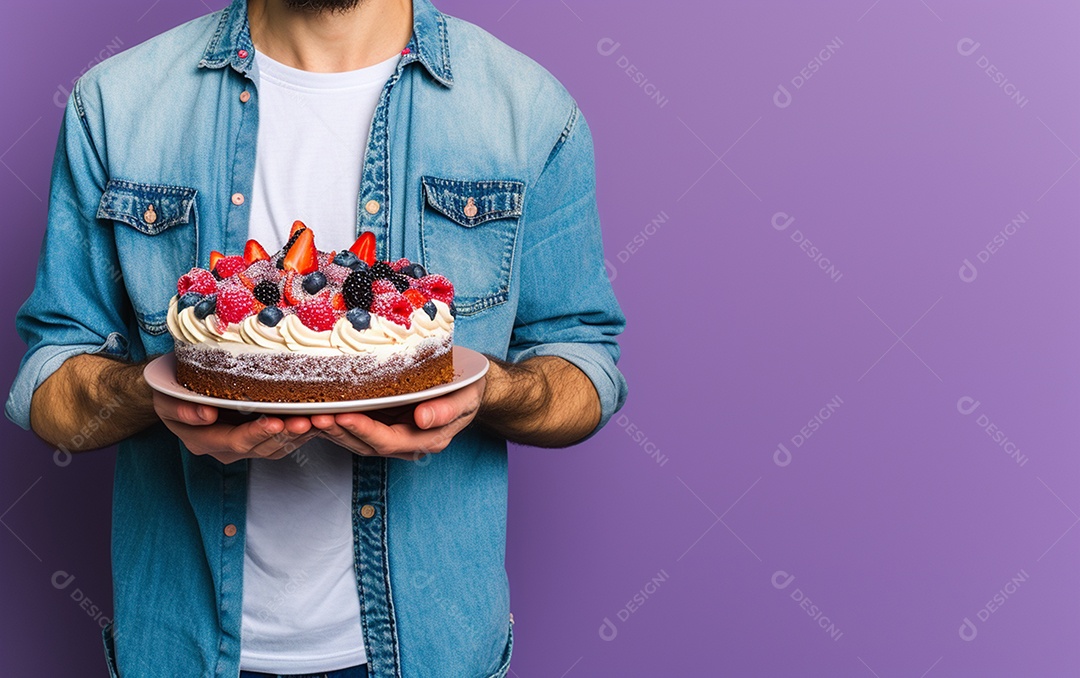 Homem com bolo mostrando sobremesa em fundo de cor sólida
