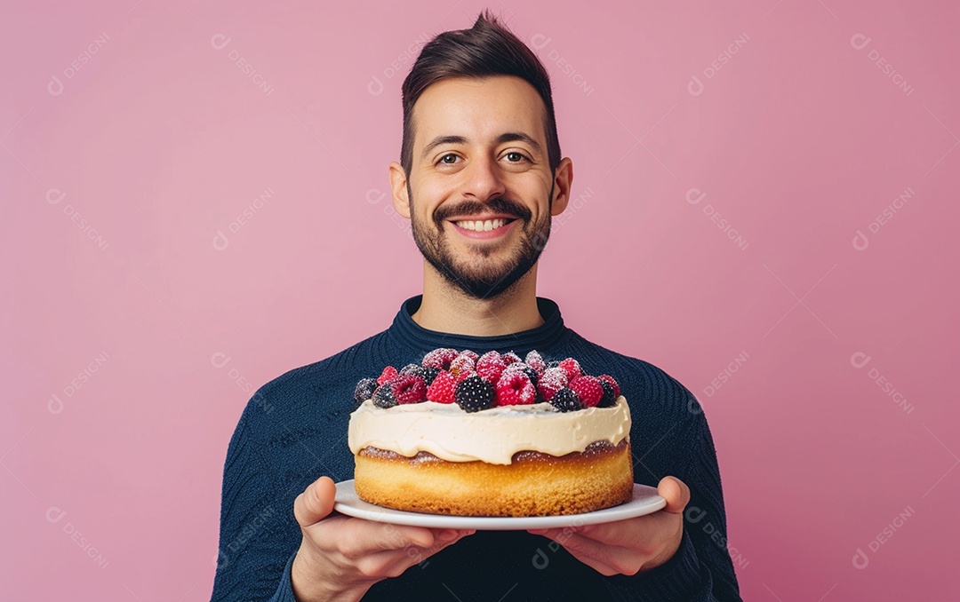 Homem com bolo mostrando sobremesa em fundo de cor sólida
