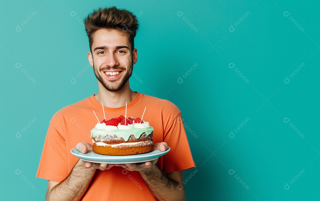 Homem com bolo mostrando sobremesa em fundo de cor sólida