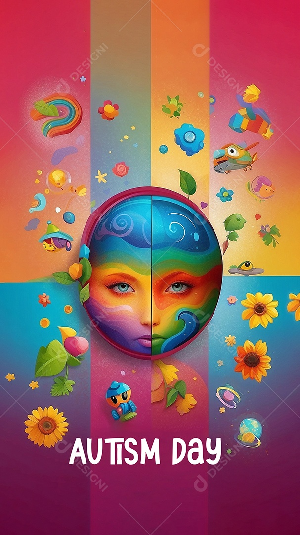 Modelo de dia do autismo para redes sociais com crianças vibrantes bores brilhantes espaço para Texto IA  generativa