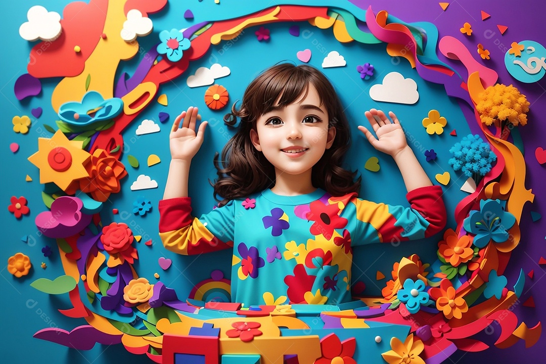 Modelo de dia do autismo para redes sociais com crianças vibrantes bores brilhantes espaço para Texto IA  generativa