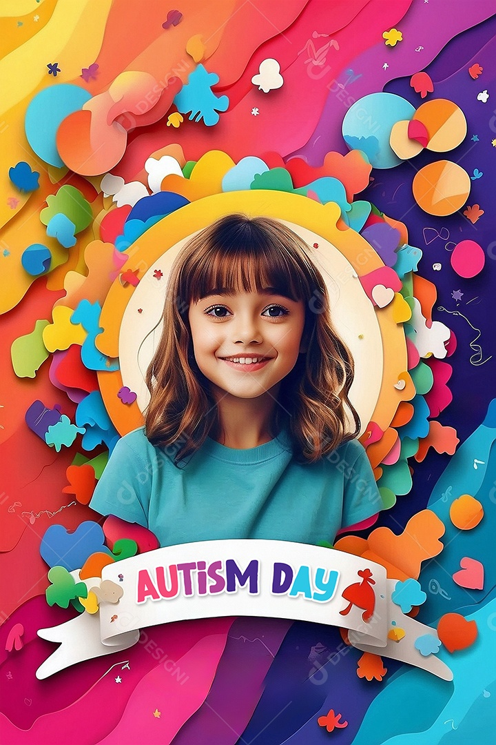 Modelo de dia do autismo para redes sociais com crianças vibrantes e cores brilhantes espaço para texto IA generativa