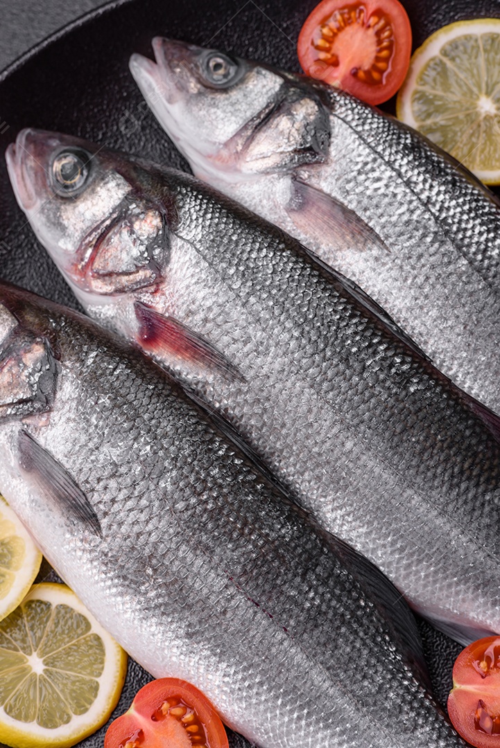 Peixe fresco de robalo oceânico cru com sal, especiarias e ervas em fundo de concreto escuro