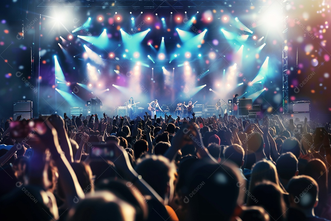 Multidão festejando luzes do palco concerto ao vivo festival de música de verão