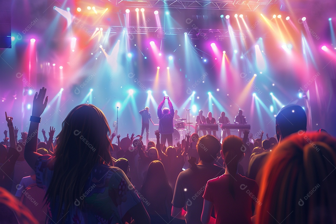 Multidão festejando luzes do palco concerto ao vivo festival de música de verão