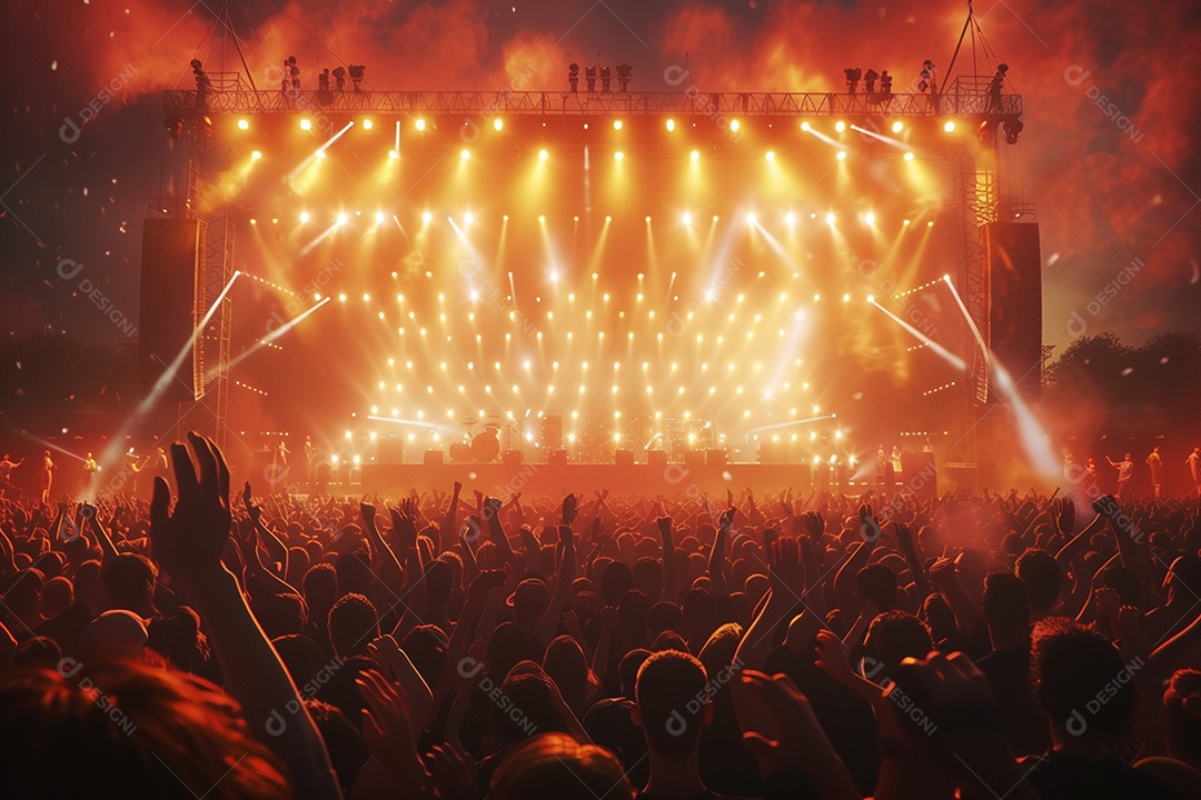 Multidão festejando luzes do palco concerto ao vivo festival de música de verão