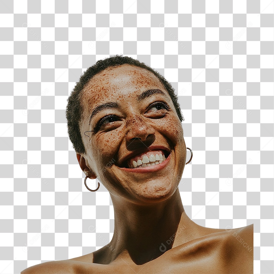 Mulher Negra de Cabelo Curto Sorridente PNG Transparente