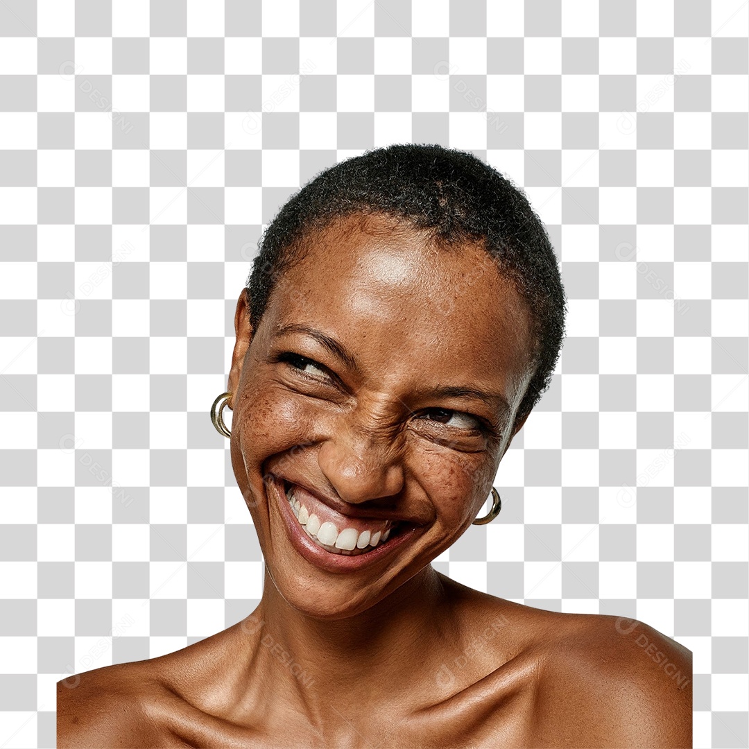 Mulher Negra de Cabelo Curto Sorridente PNG Transparente