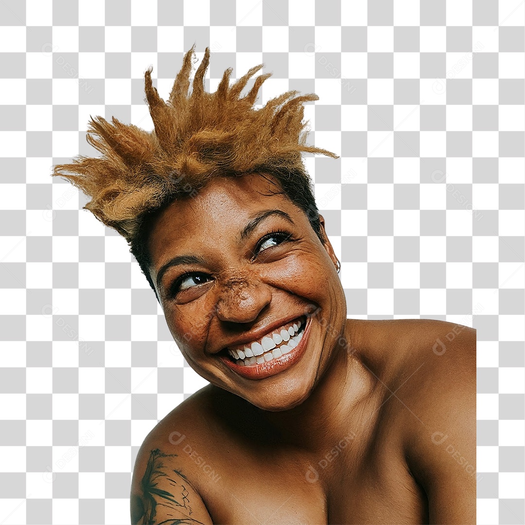 Mulher Negra Sorridente de Cabelo Curto PNG Transparente