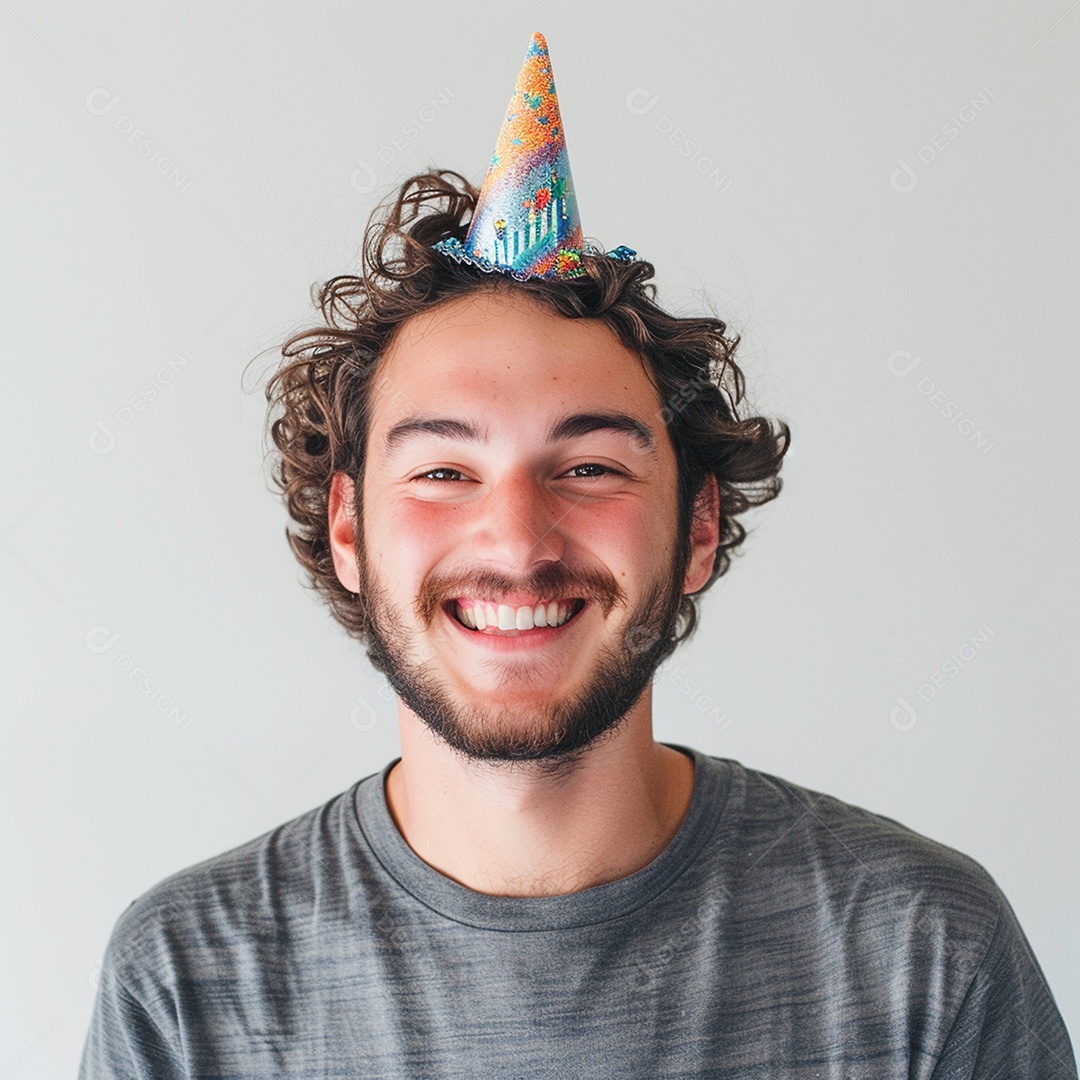 Homem sorridente, usando um chapéu de festa em um fundo branco