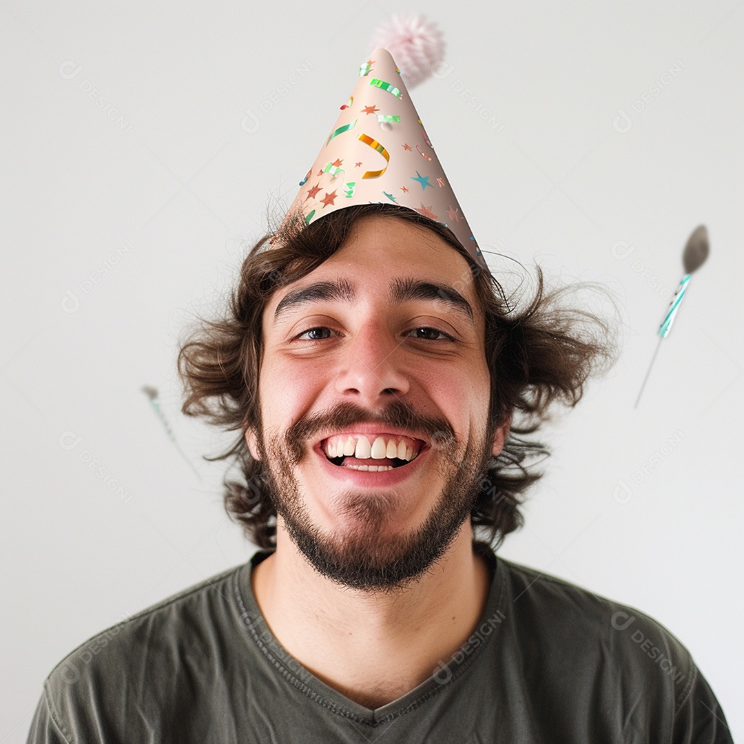 Homem sorridente, usando um chapéu de festa em um fundo branco