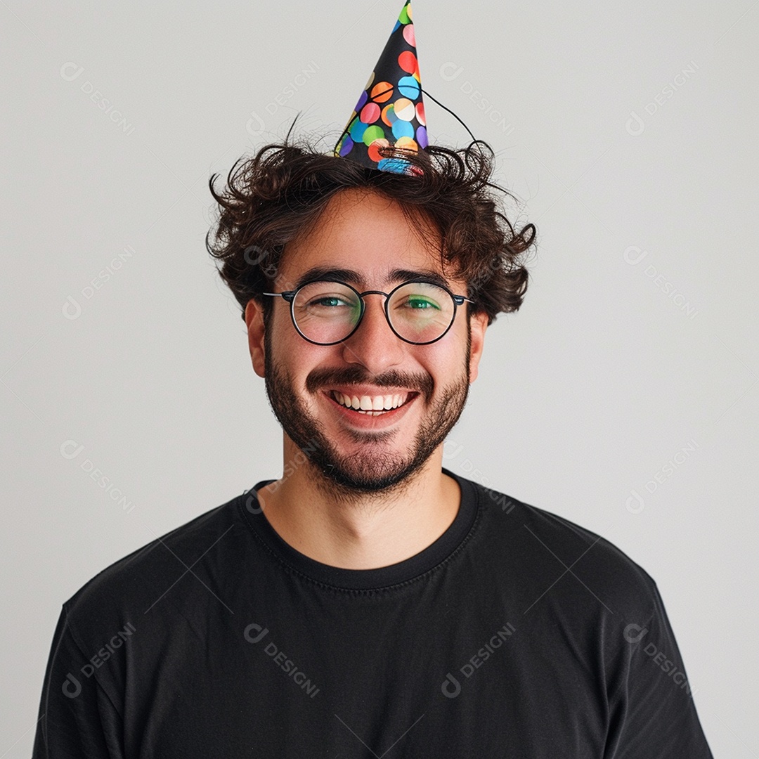 Homem sorridente, usando um chapéu de festa em um fundo branco
