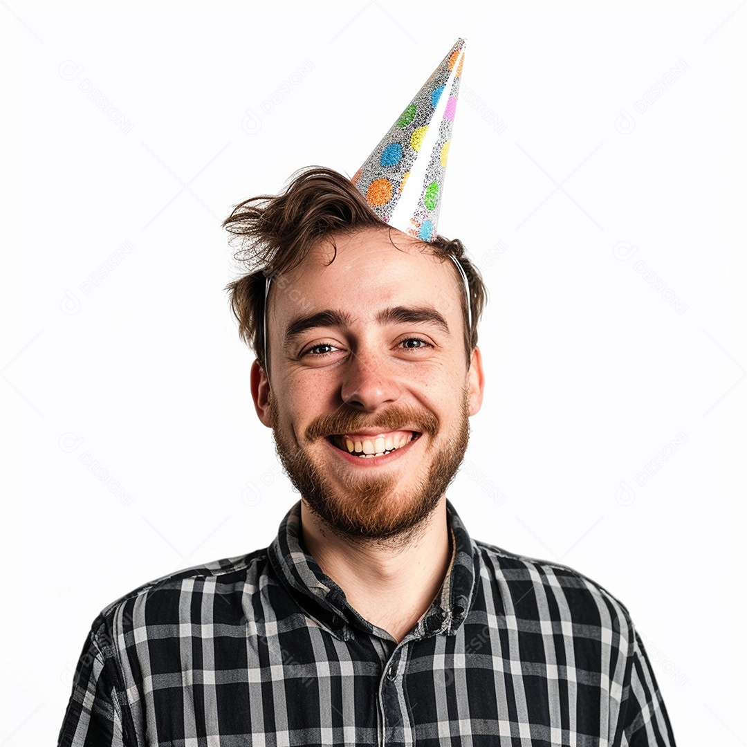 Homem sorridente, usando um chapéu de festa em um fundo branco