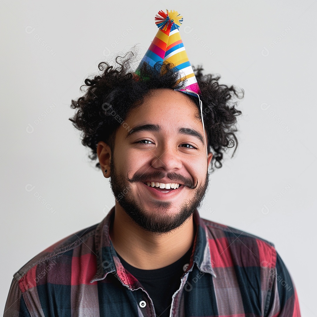 Homem sorridente, usando um chapéu de festa em um fundo branco
