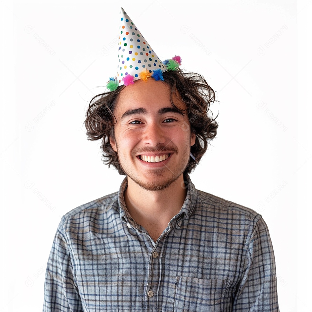 Homem sorridente, usando um chapéu de festa em um fundo branco