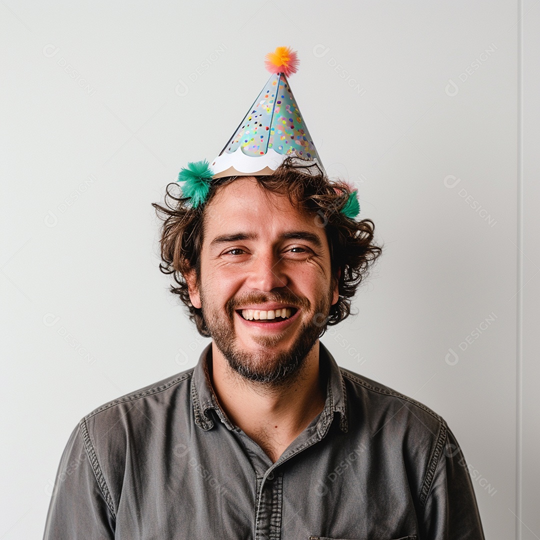 Homem sorridente, usando um chapéu de festa em um fundo branco