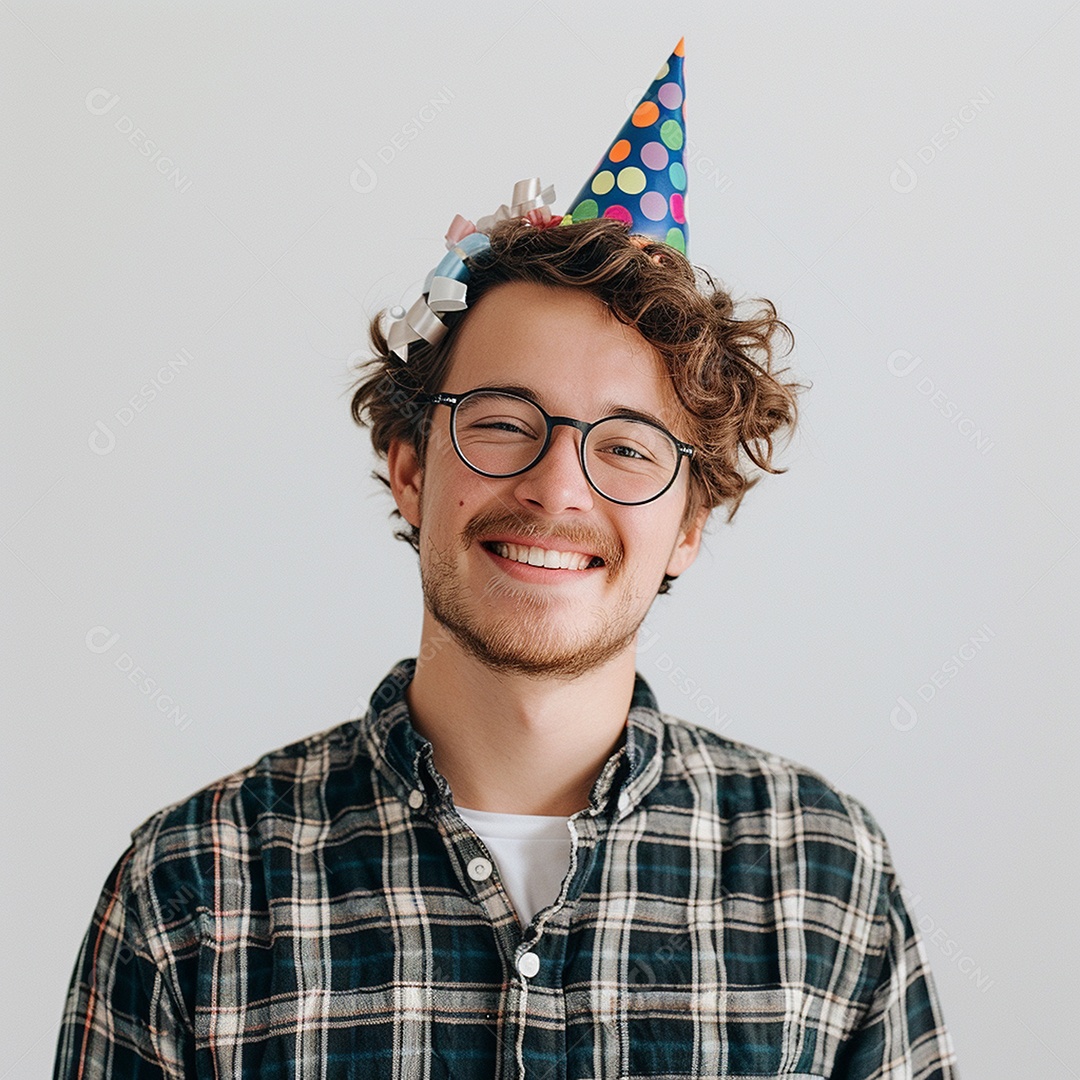 Homem sorridente, usando um chapéu de festa em um fundo branco