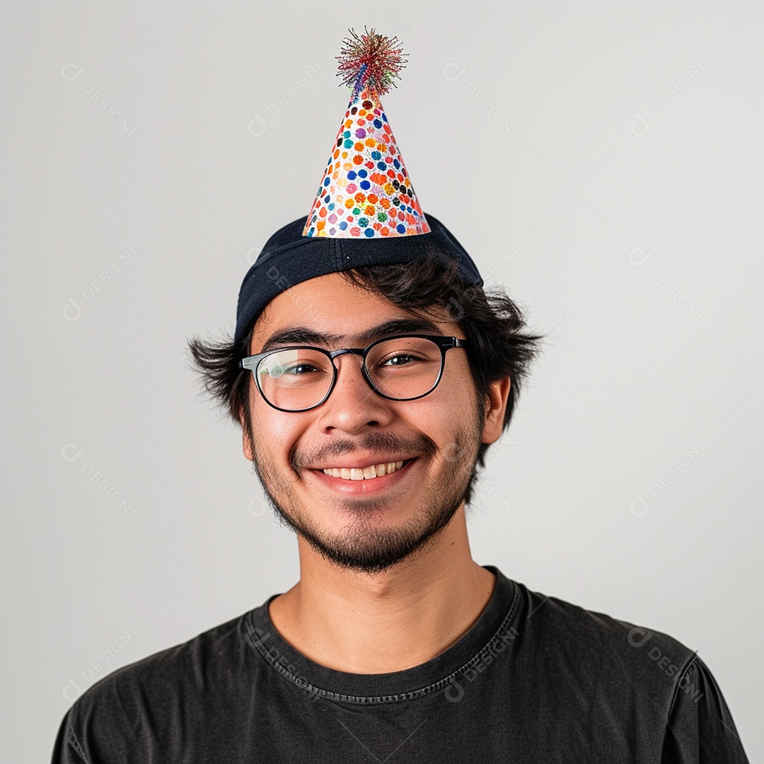 Homem sorridente, usando um chapéu de festa em um fundo branco